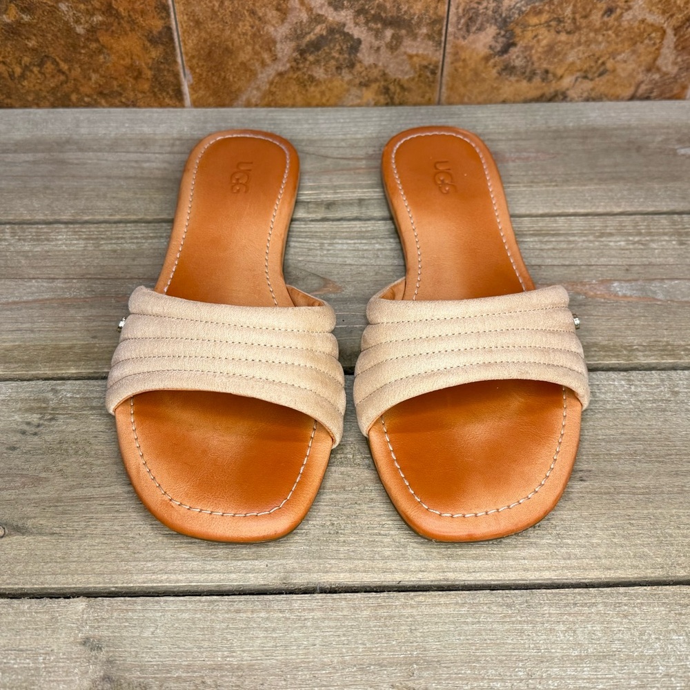 UGG Beige Tan Leather Slide Sandals